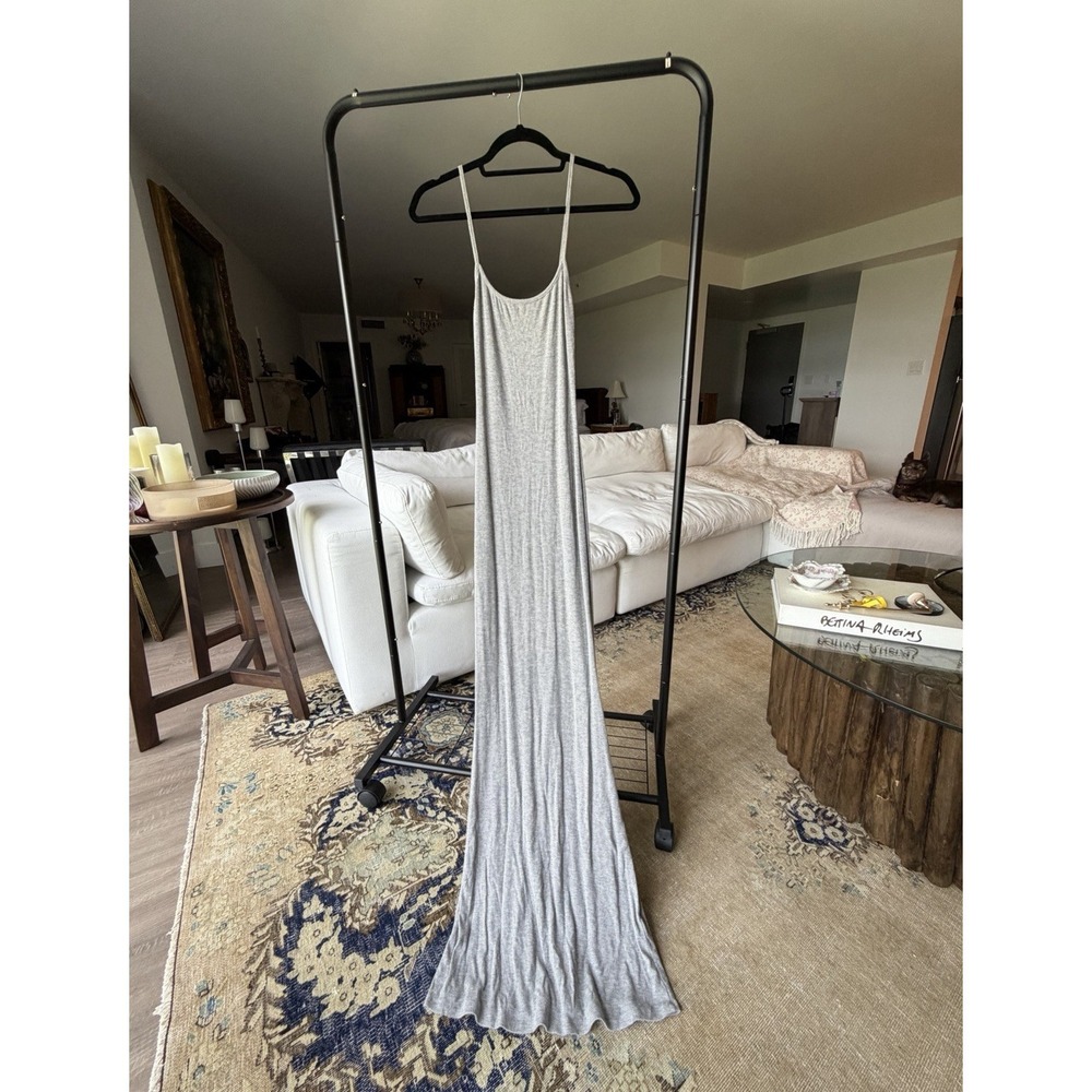 Women's Gray Solid Full Slip, S, Strappy Spaghetti Straps Maxi Length